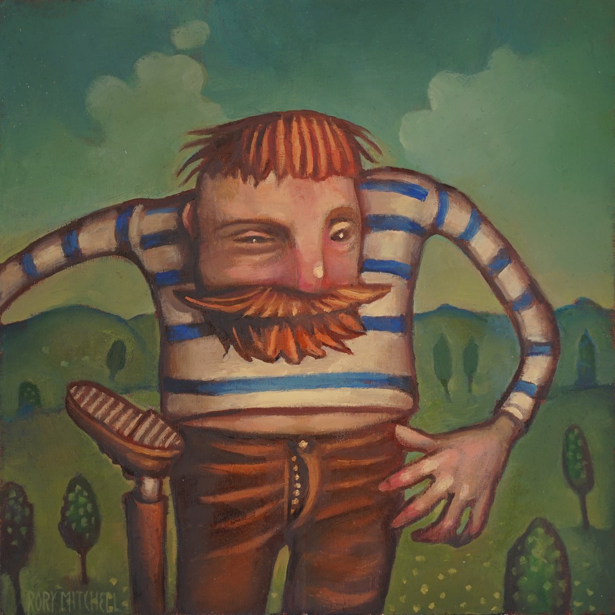 Naive Portrait Oil Painting By Rory Mitchell, 8 X 8", Round The Bend (Study), Original Artwork