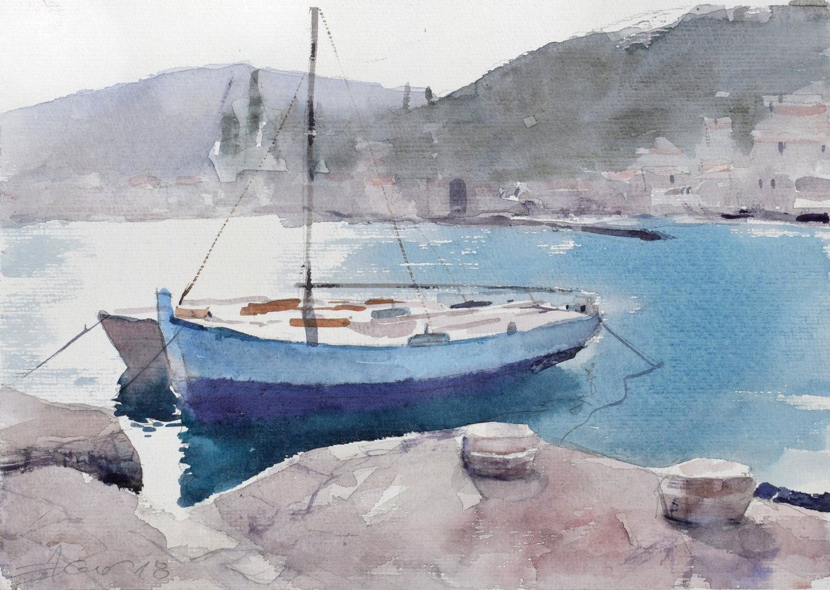 Impressionistic Landscape Watercolour By Goran Zigolic Watercolors, 14 X 10, Boat In The Harbor, Original Artwork
