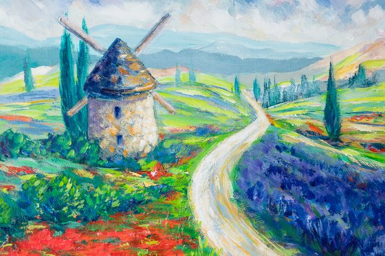 The Windmill between fields of poppies and lavender Painting