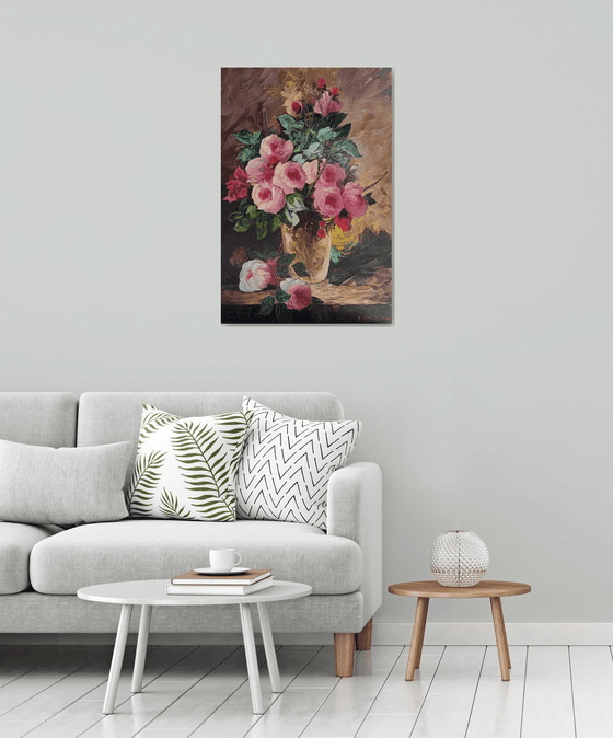 Still life pink roses (60x90cm, oil painting, ready to hang)