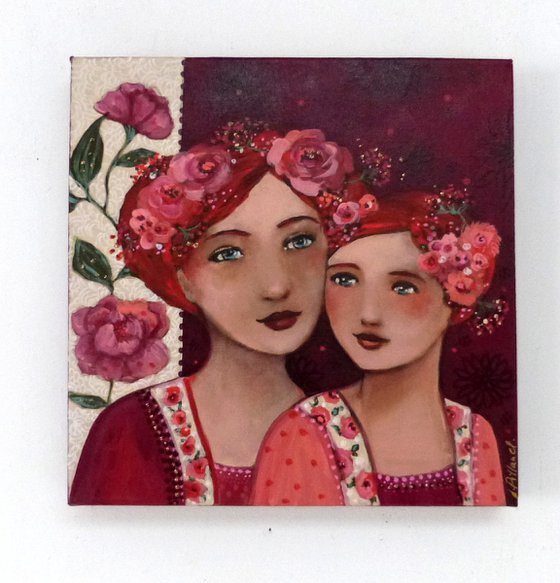 "Tender Expectations". Portrait of two sisters 30 x30 cm