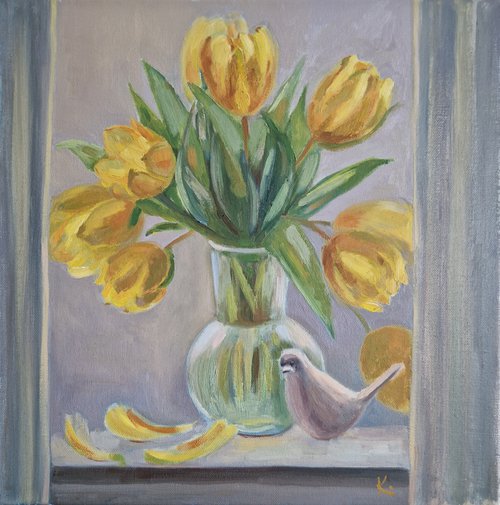 Still life of bouquet with yellow tulips "Spring mood" by Olena Kolotova