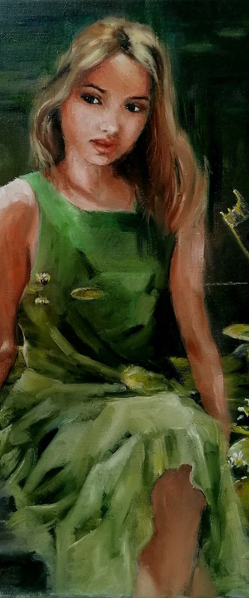 Girl sitting  by the pond by Susana Zarate Harris