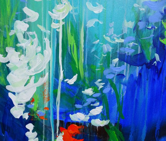 Abstract Flowers Modern Floral Landscape Painting. Blue, Red, Green, Violet, Teal, Abstract Tropical Flowers and Birds. Original Botanical Garden Painting on Canvas. Modern Impressionistic Art