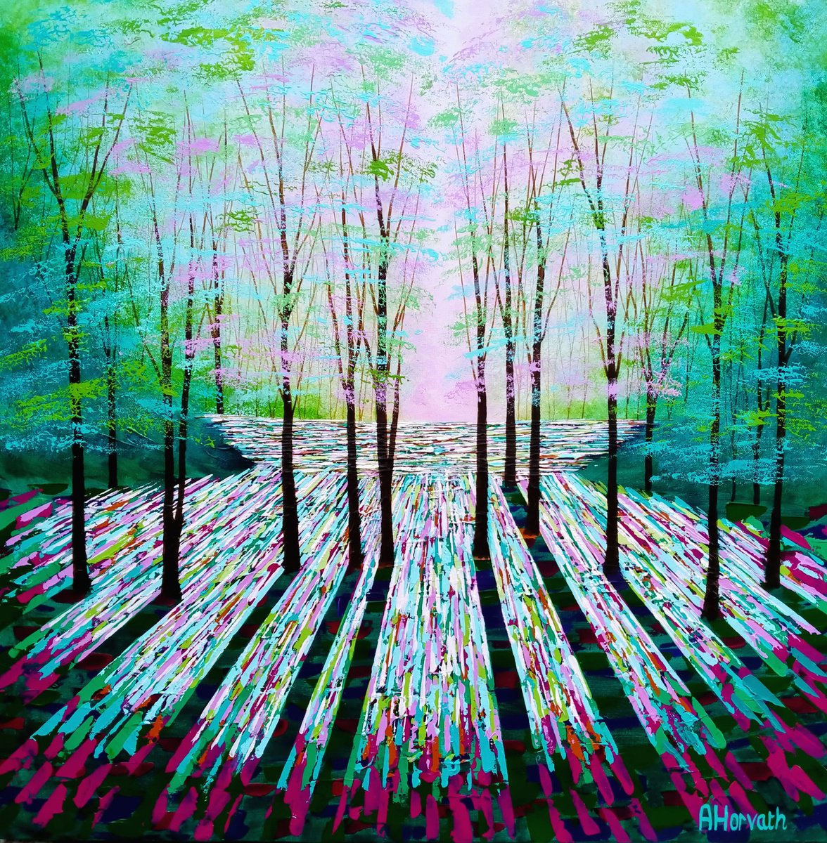Impressionistic Landscape Acrylic Painting By Amanda Horvath, 31 X 31, Serendipity Glade, Original Artwork
