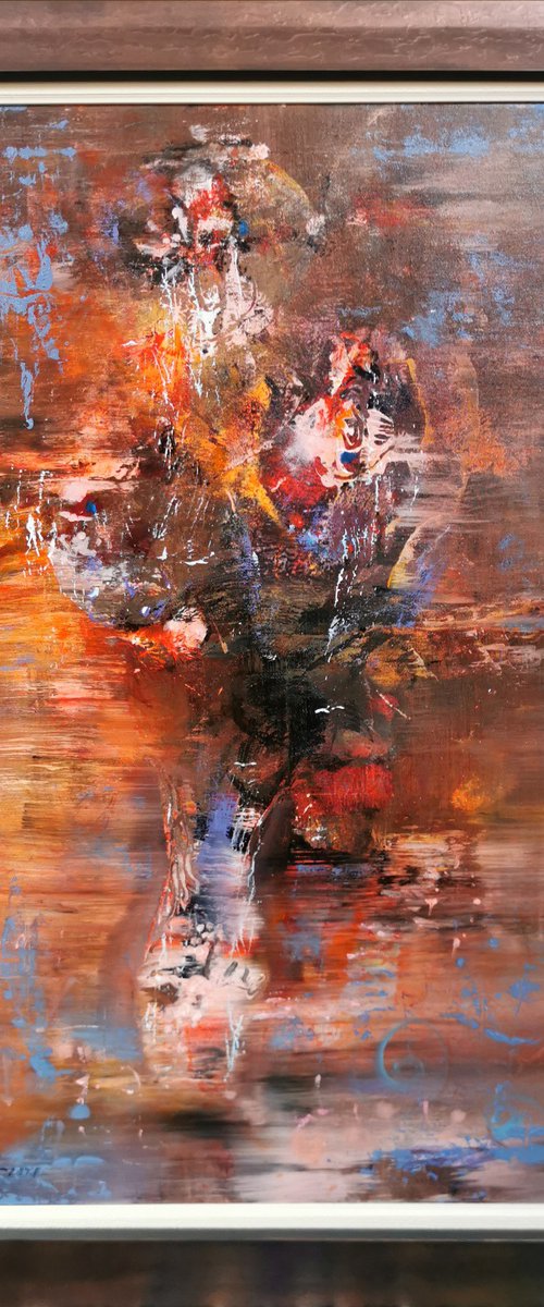 Framed ghostly melancholic autumn colors pot with flowers masterpiece painting by O KLOSKA by Kloska Ovidiu
