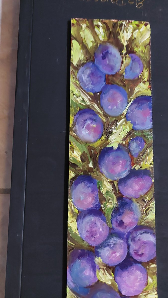 Expressive Botanical Oil Painting By Els Driesen, 10 X 26, Prunes, Original Artwork