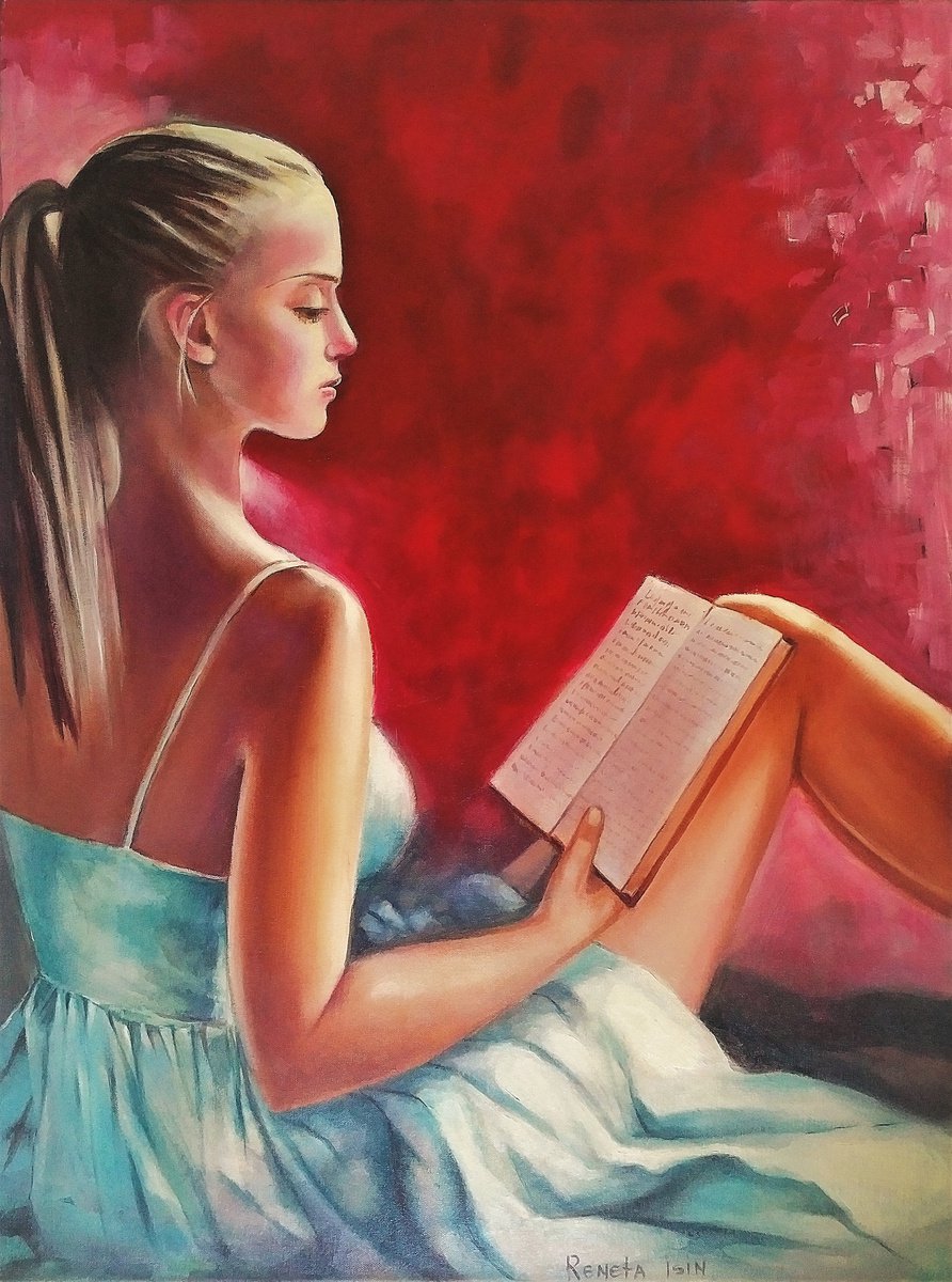 Girl with a book - 60 x 80cm Original Oil Painting by Reneta Isin