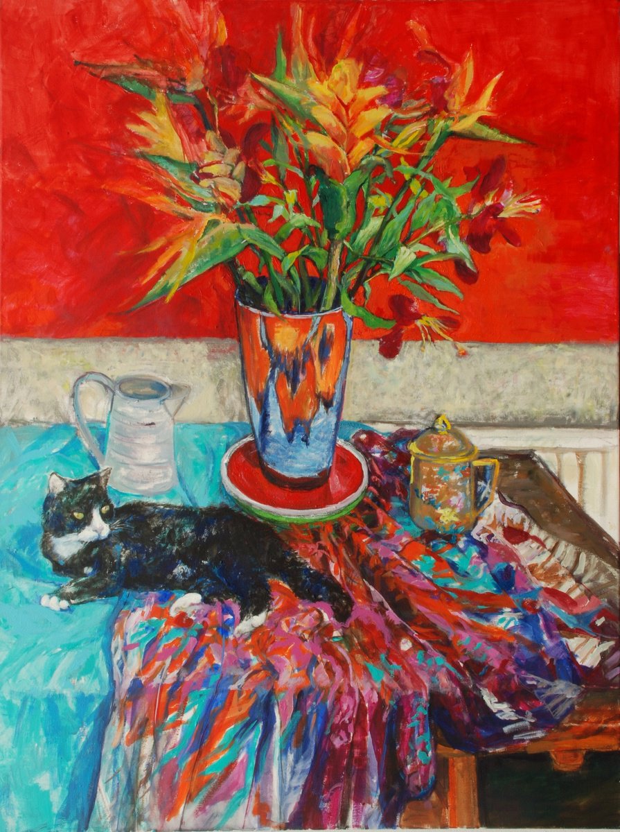 CAT AND BIRD OF PARADISE FLOWERS by Patricia Clements