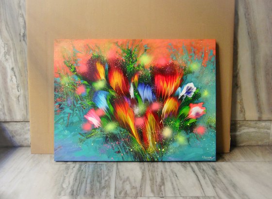 "Emerald Bouquet of Happiness" Abstract Painting 60 x 80cm