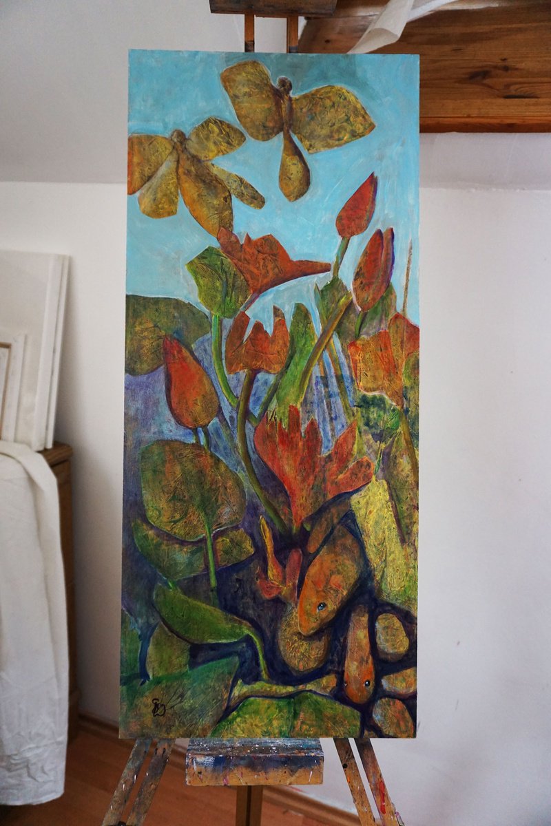 Organic Animal Acrylic Painting By Dora Stork, 12 X 28, Water World, Original Artwork