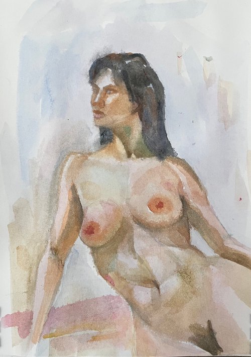 Nude girl watercolour painting, Ukrainian artwork by Roman Sergienko
