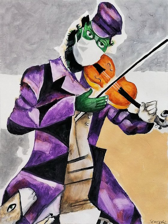 Chagall's Green Violinist in white mask