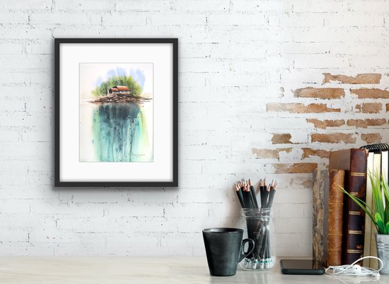 Privacy, original watercolor painting with forest and farmhouse near the lake, medium size, turquoise, gift idea