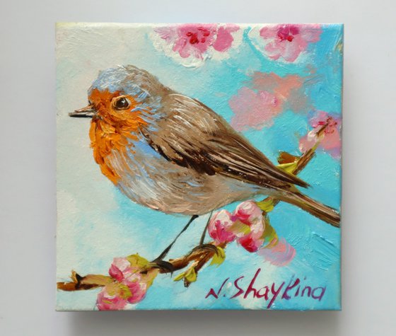 Bird painting original, Robin bird art painting, Miniature painting 4x4 in, 10x10 cm, Xmas Gift for Mom, Happiness painting