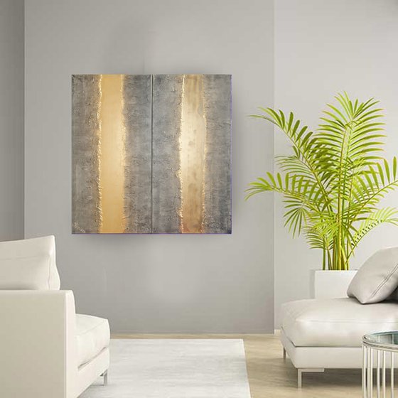 gold stripe & steel long painting A719 50x200x2 cm decor Vertical original abstract art Large paintings stretched canvas acrylic art industrial metallic textured wall art