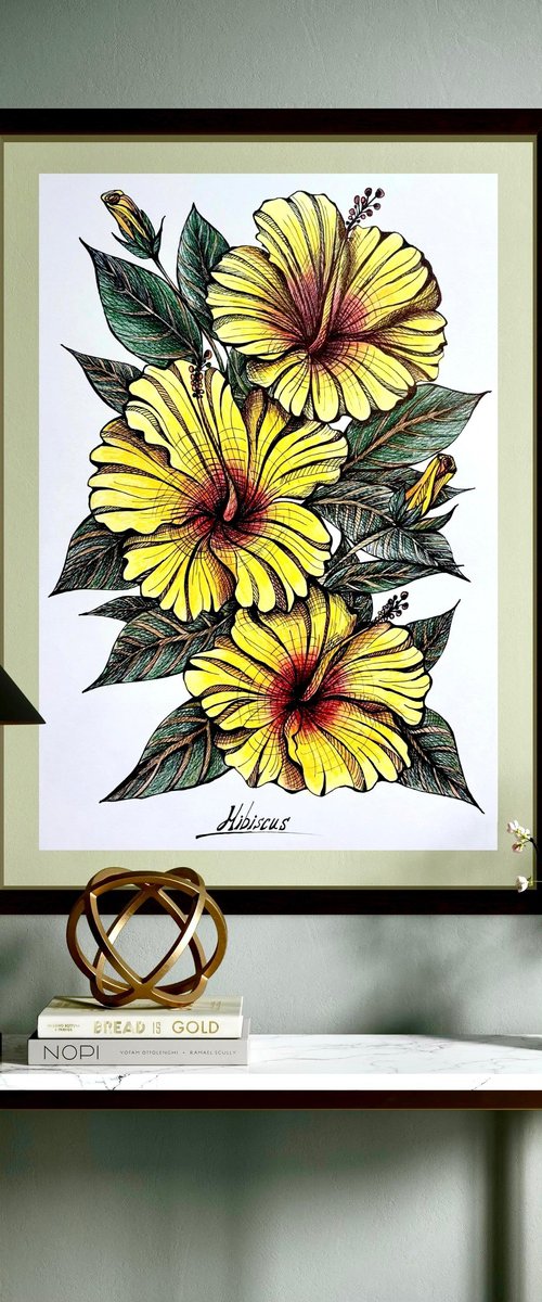 YELLOW HIBISCUS DRAWING by Maria Tuzhilkina