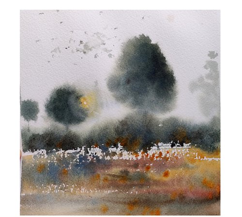 Misty Landscape Painting in watercolours, Switzerland landscape original, watercolour painting impressionist style, small art original gift by Dawna Mae Mangeart