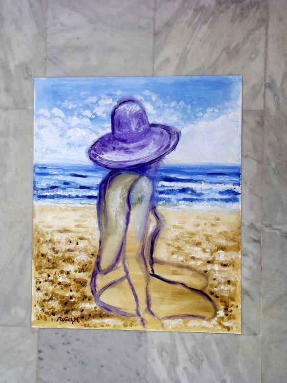 SEASIDE GIRL - GIRL WITH A HAT - Oil painting (38x46cm)