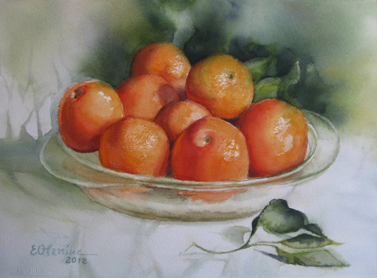 Impressionistic Still Life Watercolour By Elena Oleniuc, 15 X 11, Tangerines - Watercolor, Original Artwork