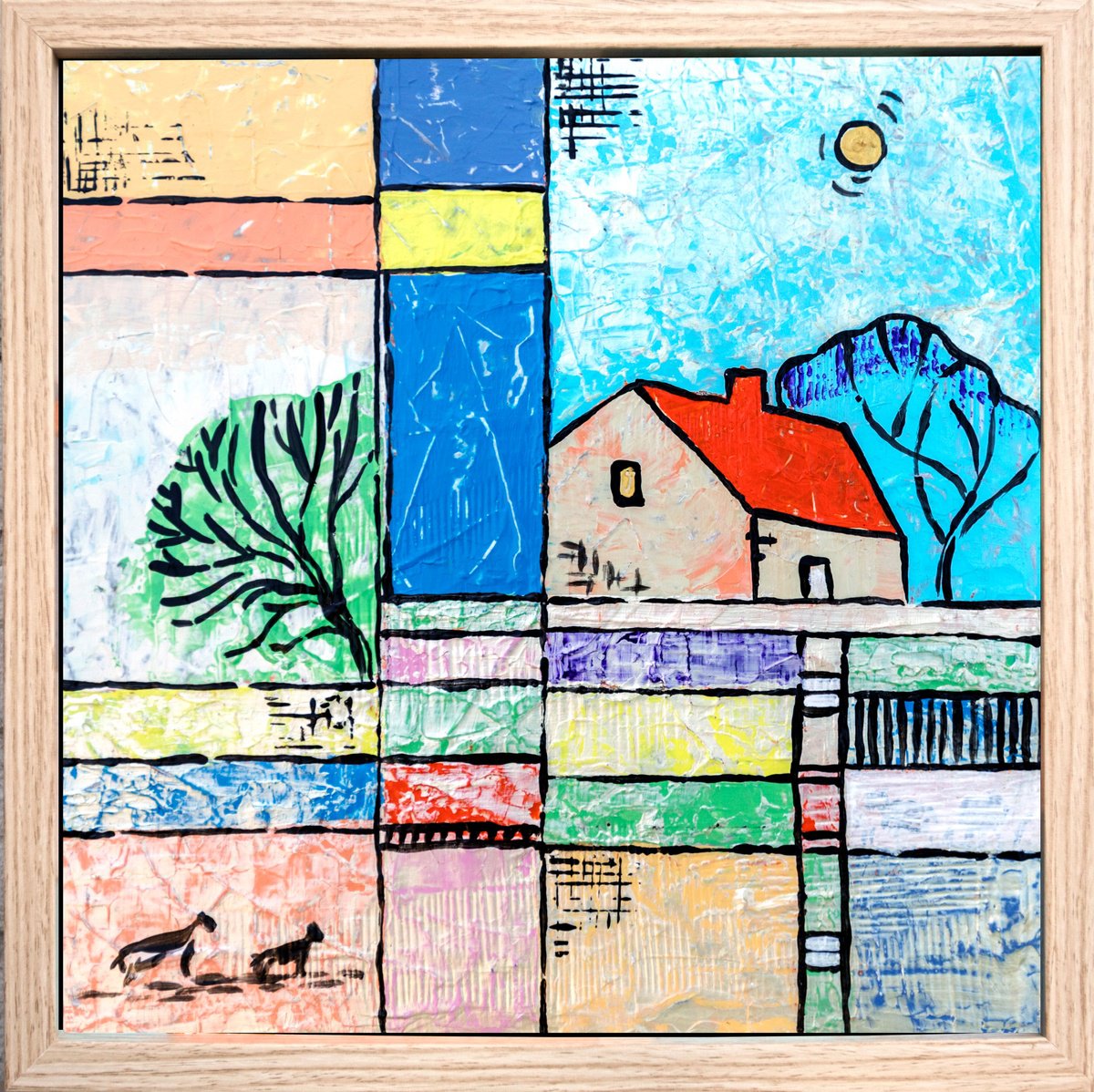 Naive Landscape Acrylic Painting By Ariadna De Raadt, 13 X 13, Structural Landscape 3, Original Artwork