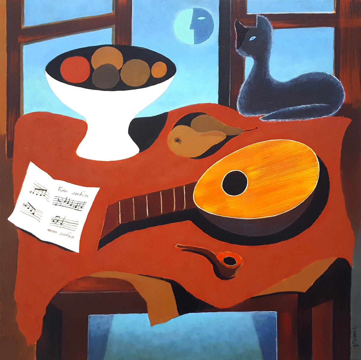 Surrealistic Still Life Acrylic Painting By Vadim Vaskovsky, 24 X 24", Mandoline, Moon And Cat, Original Artwork