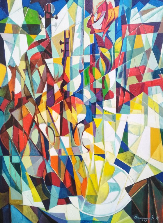 Still life with lemons and violin-2 (60x80cm, cubism, oil painting, ready to hang)