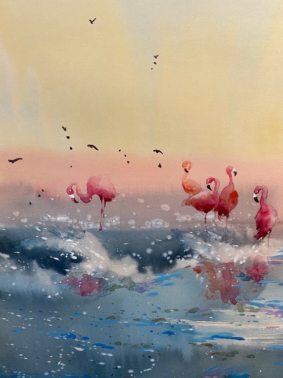 SOLD Watercolor “Flamingos Heaven” perfect gift