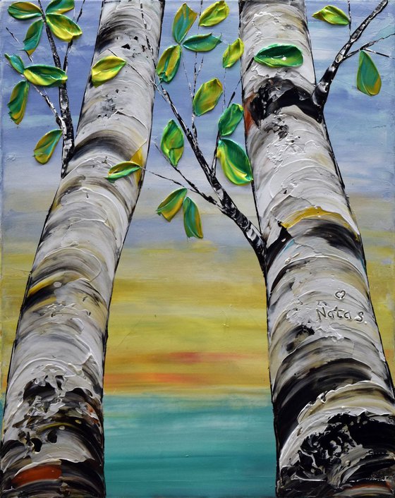 Birches Painting, Modern Impasto Aspen Tree Painting, Colorful Wall Art
