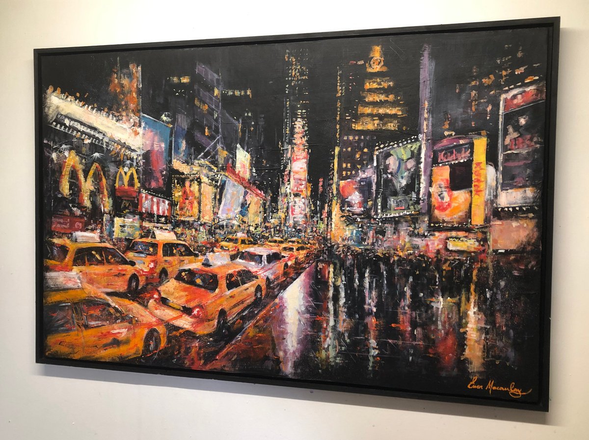 Impressionistic Cityscapes Acrylic Painting By Ewen Macaulay, 50 X 34, Times Square At Night, Original Artwork