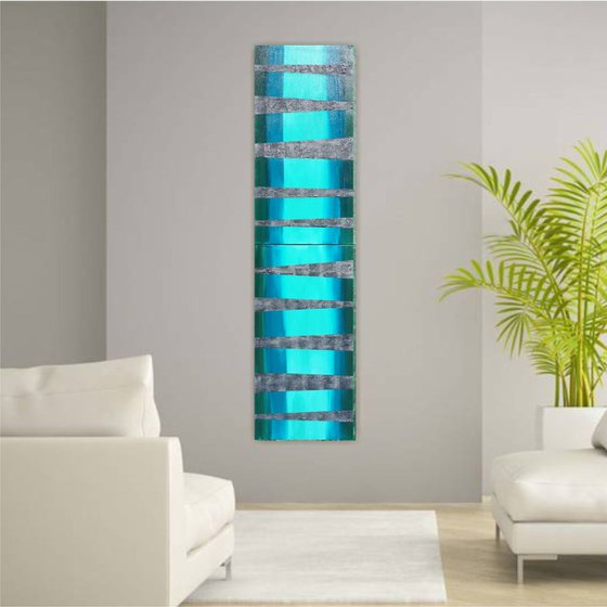 mint emerald steel textured stripes Vertical long painting A254 50x200x2 cm decor original abstract art Large paintings stretched canvas acrylic art industrial metallic textured wall art