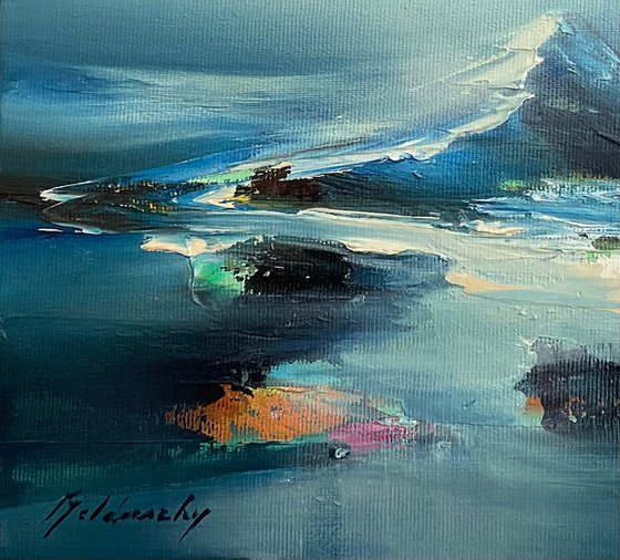 Misty Days - 30 x 30 cm, abstract landscape painting in blue