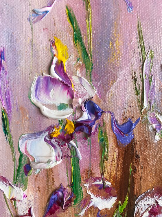 IRIS MOOD №1 - Xiphium. Irises. Flowers. Gift. Lilac color. Bouquet. Garden. Garden flowers. Field irises. Mini-art. Fast painting. The best solution. Gift painting. Postcard. Season. Holidays.