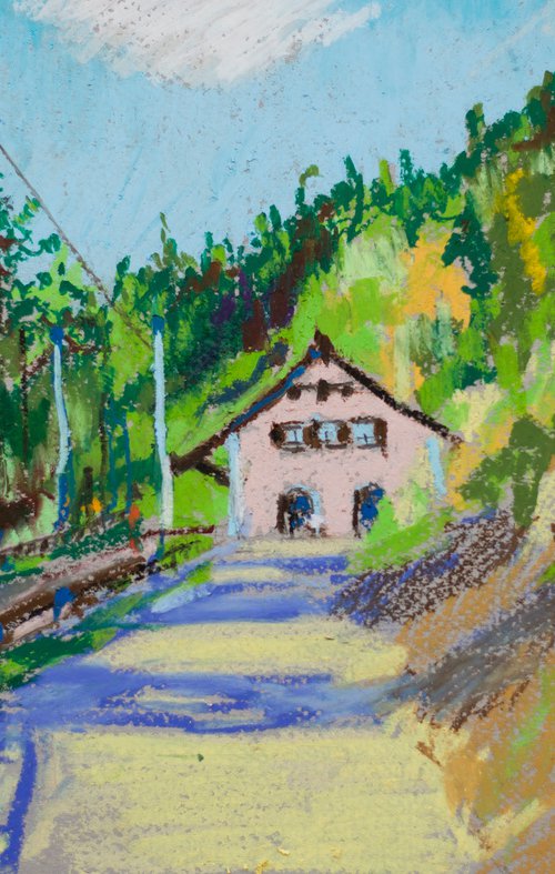 Ftan train station, Alpes. Scuol, Switzerland. Impressionistic etude ORIGINAL OIL PASTEL PAINTING. SMALL mountains nature IMPRESSIONISM IMPRESSION DECOR TRAVEL bright by Sasha Romm