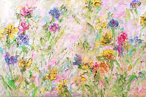 Positive Floral Painting Original Abstract Flower Meadow Canvas Art Expressive Impasto 8 by 12"