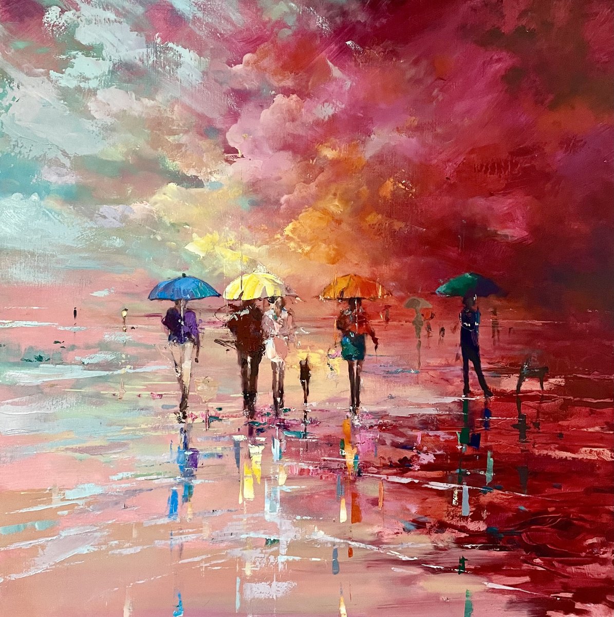 Impressionistic Landscape Oil Painting By Ewa Czarniecka, 31 X 31, Summer In Flames, Original Artwork