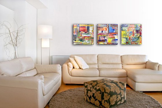 "Three's A Crowd" - FREE USA SHIPPING - Original Large PMS Abstract Triptych Oil Paintings On Canvas - 60" x 20"