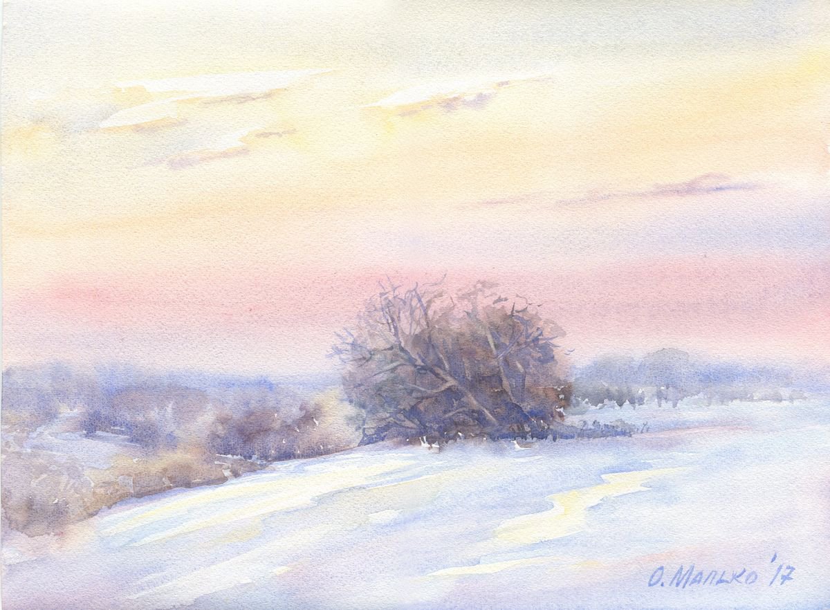 Impressionistic Watercolour , Winter. Evening Sky By Olha Malko, 15 X 11, Artwork For Sale On Artfinder