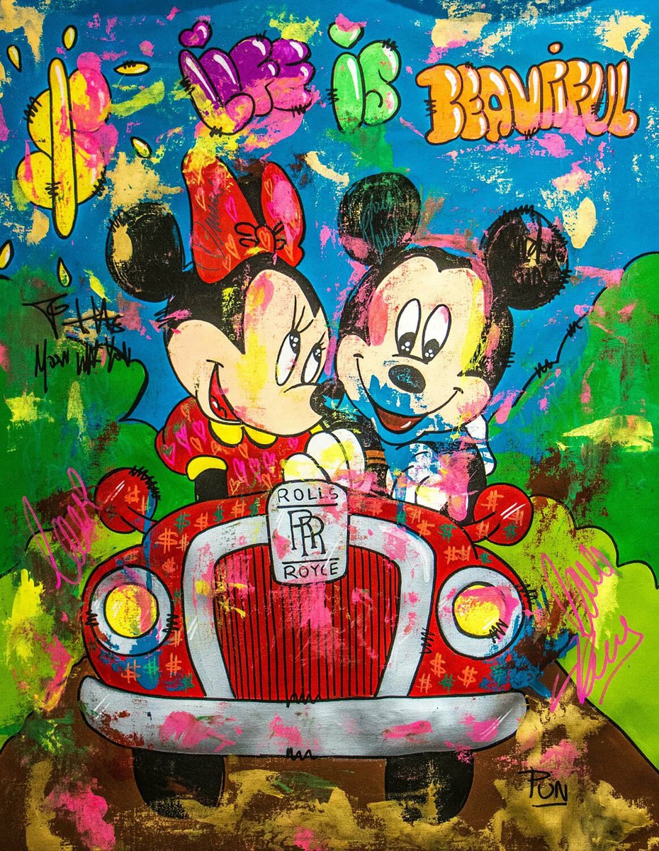 Urban And Pop Acrylic Painting , Life Is Beautiful Ft. Mickey And Minnie By Carlos Pun Art, 28 X 35, Artwork For Sale On Artfinder