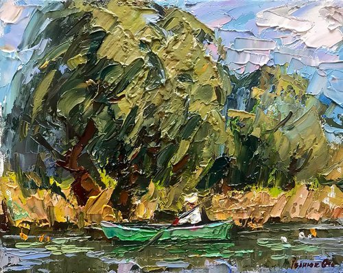 The boatman floats on the river by Kalenyuk Alex
