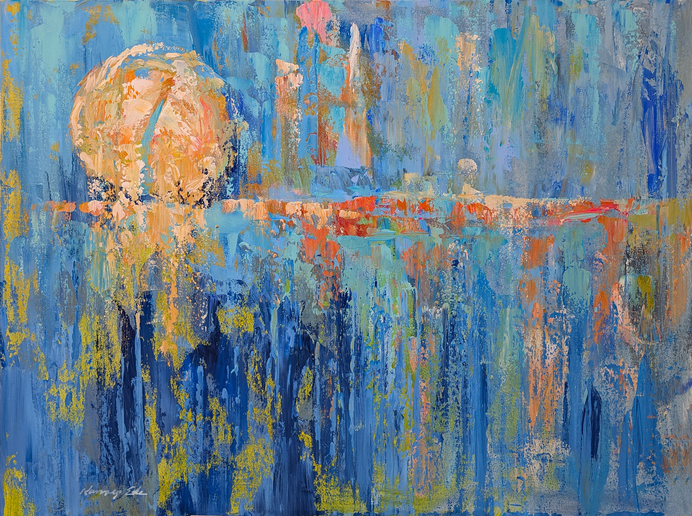 Impressionistic Abstract Acrylic Painting By Kanayo Ede, 40 X 30", Blue River Sun, Original Artwork