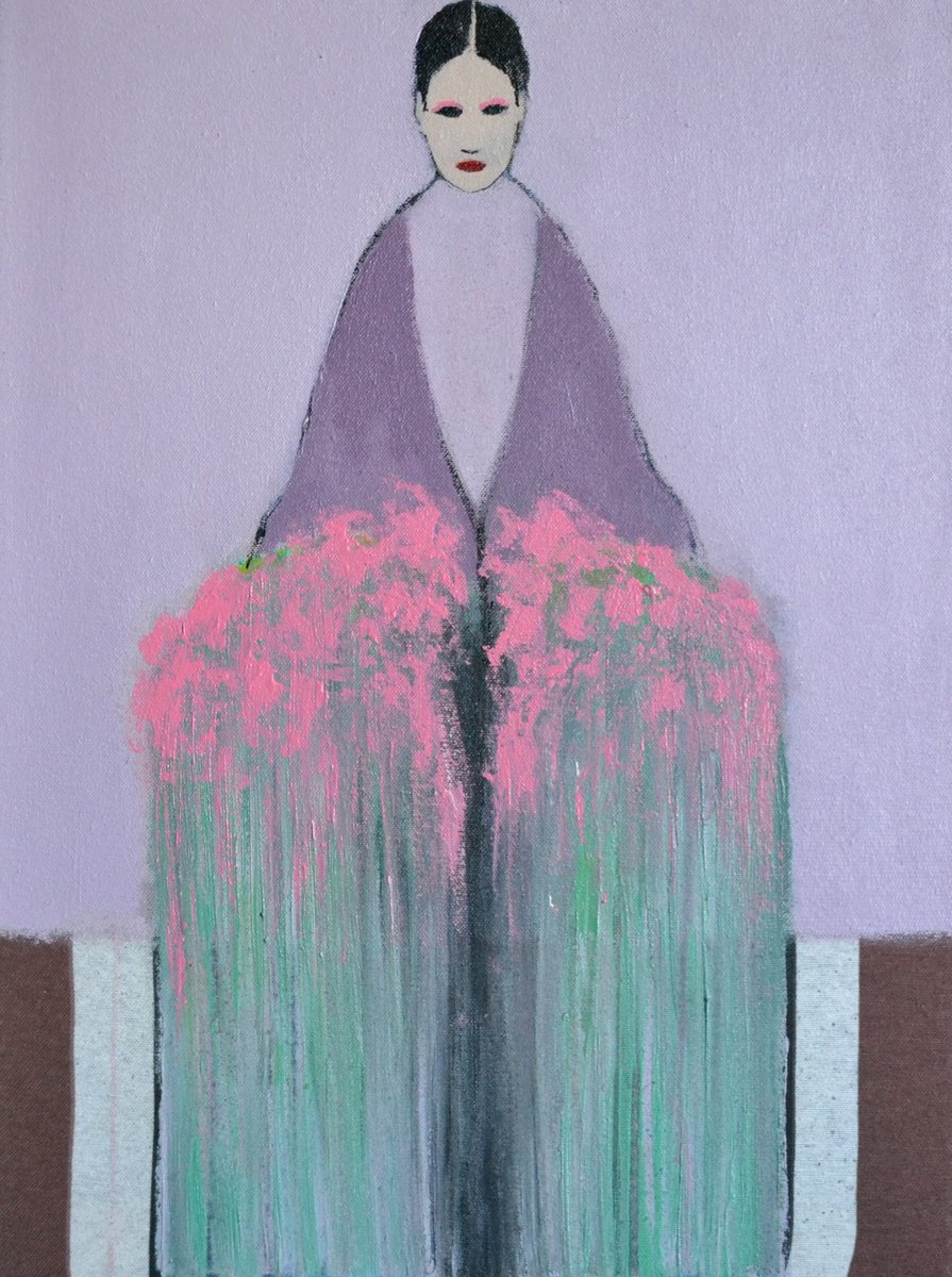 Abstract Portrait Acrylic Painting By Gela Mikava, 12 X 16, The Girl With Bouquet, Original Artwork