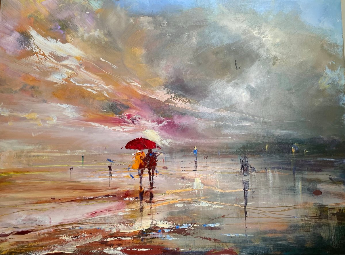 Impressionistic Landscape Oil Painting By Ewa Czarniecka, 31 X 24, The Lovers Stroll, Original Artwork