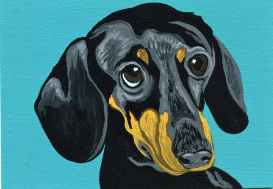 ACEO ATC Original Miniature Painting Dachshund Doxie Pet Dog Art-Carla Smale