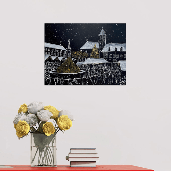 Christmas Market Painting, Bratislava Original Artwork, Snowy Winter Ink Art, Night City Wall Art, Europe Picture