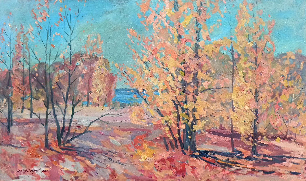Impressionistic Landscape Oil Painting By Peter Tovpev, 39 X 24", Autumn Landscape, Original Artwork