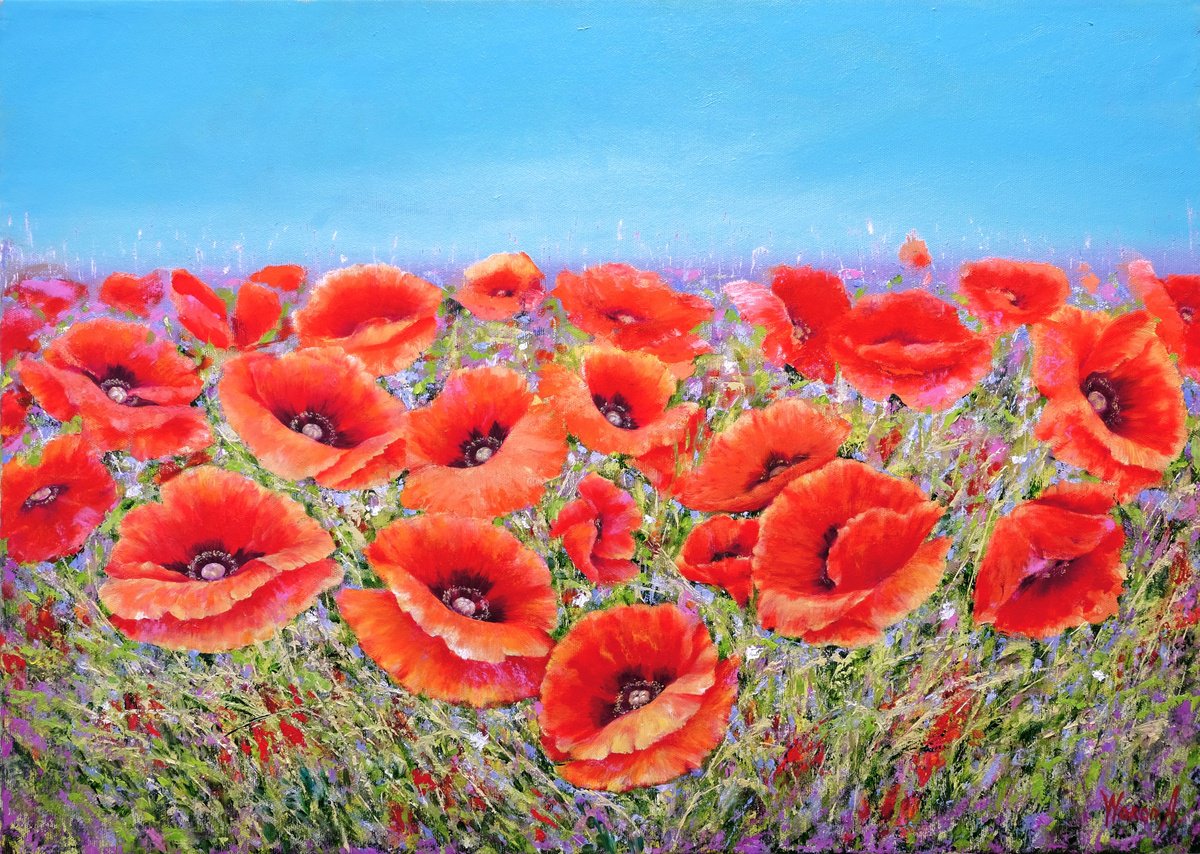 Photorealistic Botanical Oil Painting By Anastasia Woron, 28 X 20, Poppies With Wild Flowers., Original Artwork