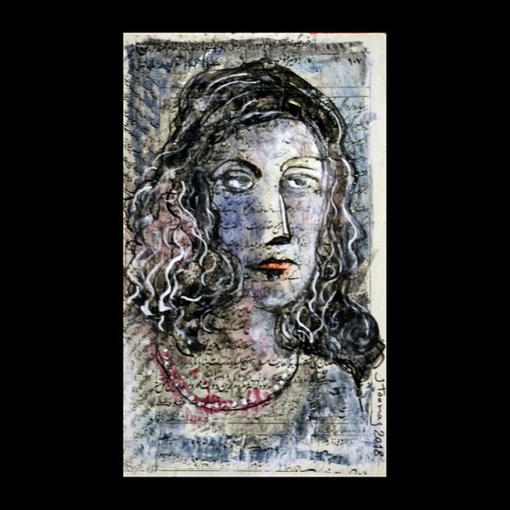 Portrait, ink on printed paper, 13 x 24 cm