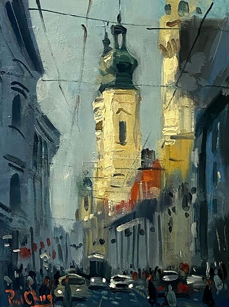 Impressionistic Cityscapes Oil Painting By Paul Cheng, 9 X 12", Busy Street #1, Original Artwork