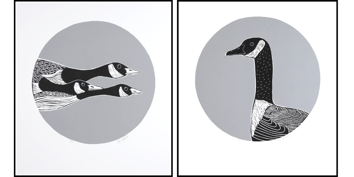 Animal Linocut By Mariann Johansen-Ellis, 19 X 20", Canada Geese, Original Artwork